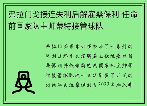 弗拉门戈接连失利后解雇桑保利 任命前国家队主帅蒂特接管球队